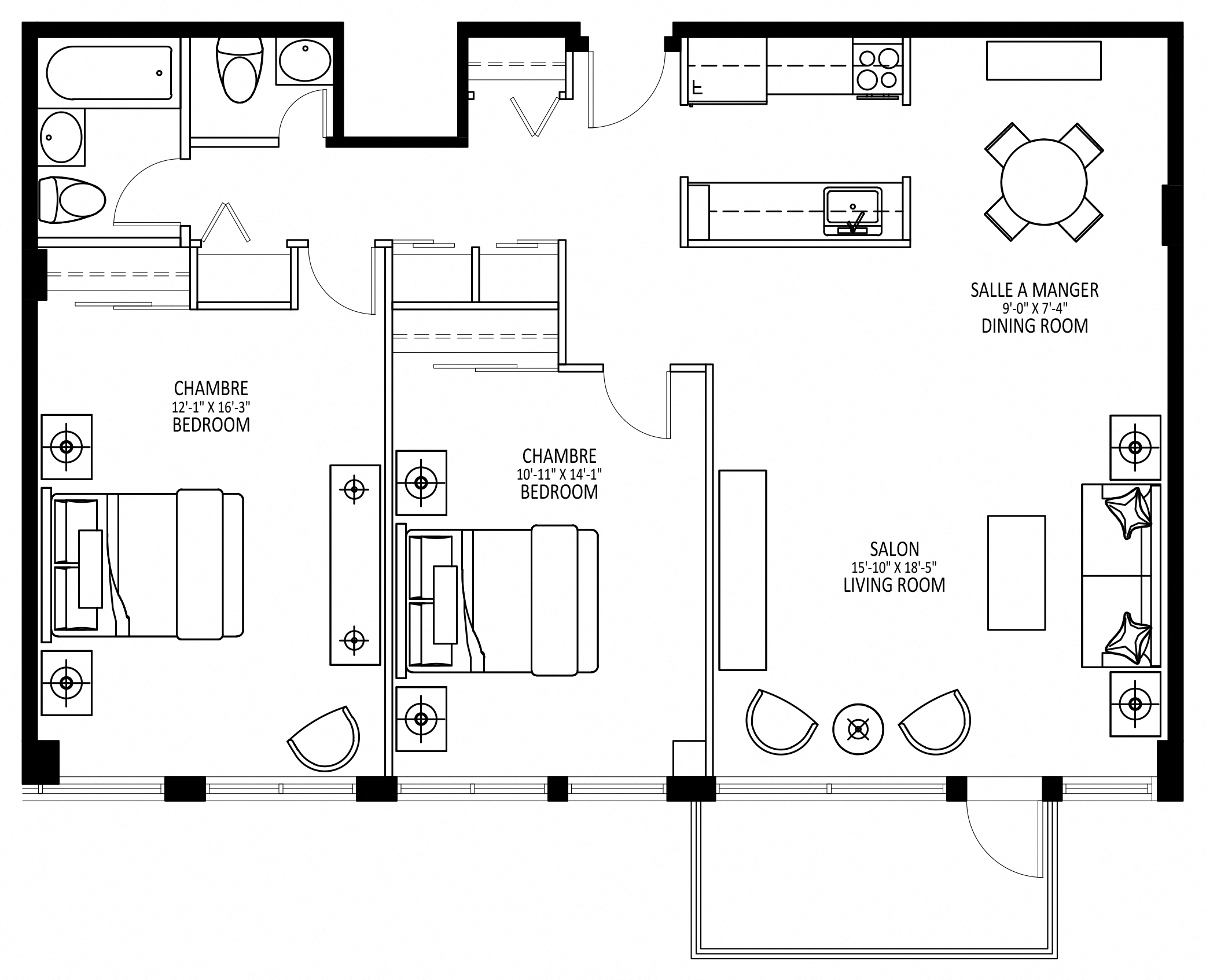 Floor plan for 2 beds, 1.5 baths, 1070 sqft